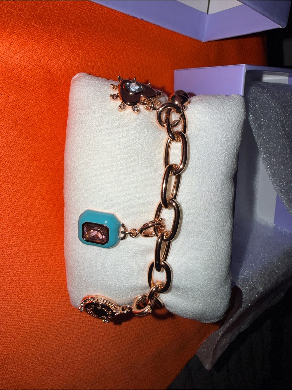 Gold Chain Charm Bracelet with Turquoise and Pink Accents